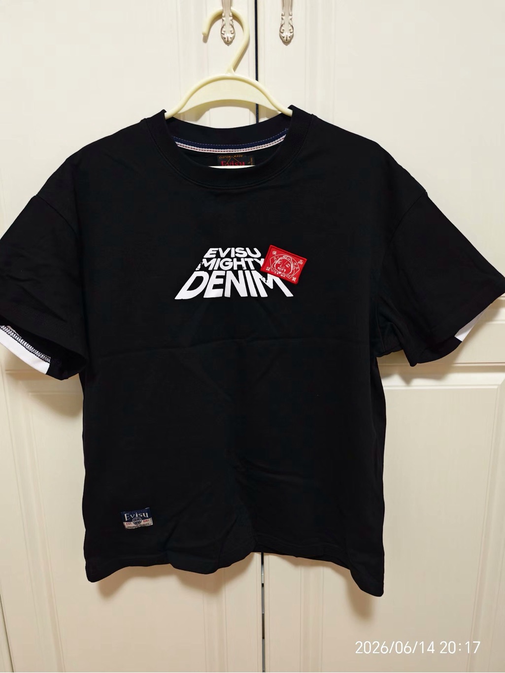 Evisu Black ShortSleeve Mighty Denim Logo Tee With Red Patch